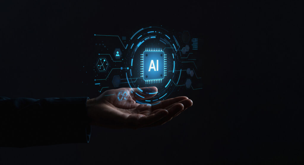 A human hand holding a glowing AI microchip hologram, representing enterprise generative AI tools and advanced artificial intelligence technology