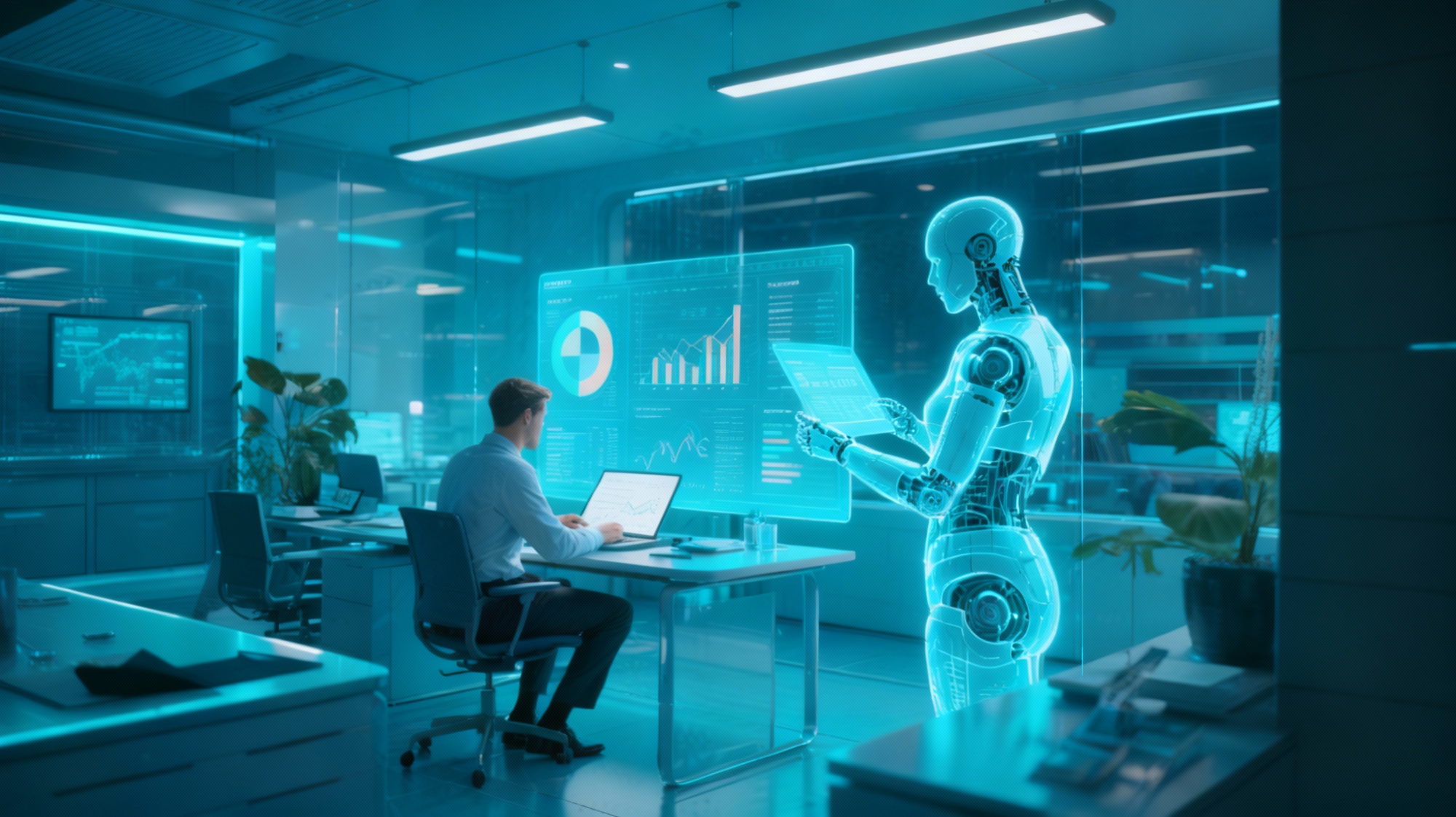 Futuristic workspace depicting Agentic Enterprise and Salesforce AI transformation