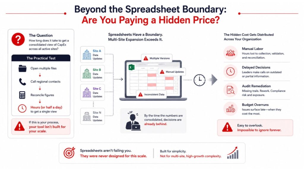 Infographic showing hidden operational costs of spreadsheet-based CapEx tracking.