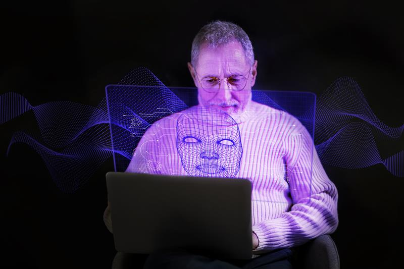 Person with futuristic metaverse avatar mask symbolizing AI and neural rendering
