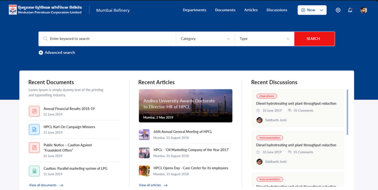Document Management System Software Dashboard for Petroleum Refining Company in India