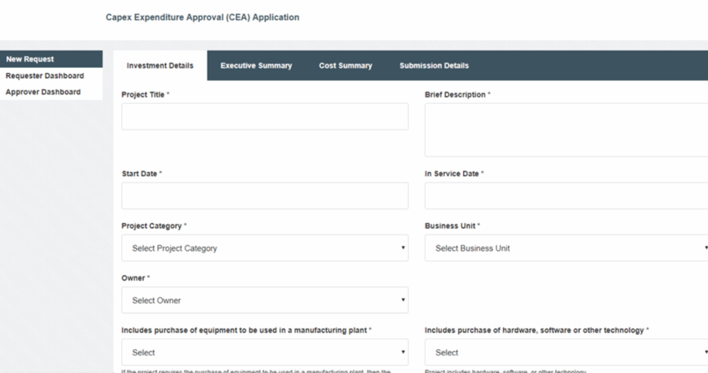 CAPEX Expenditure Approval (CEA) Application