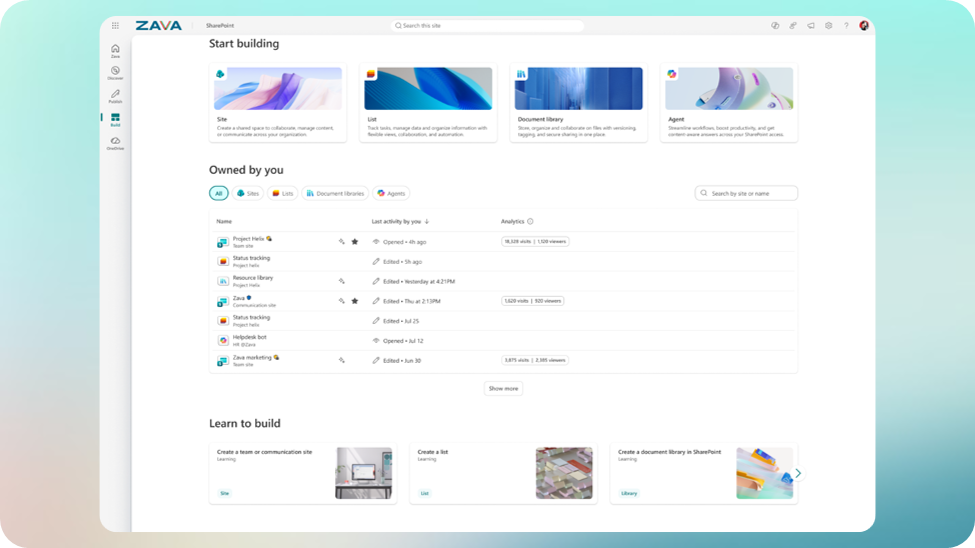SharePoint interface displaying a dashboard for building sites, lists, and document libraries.